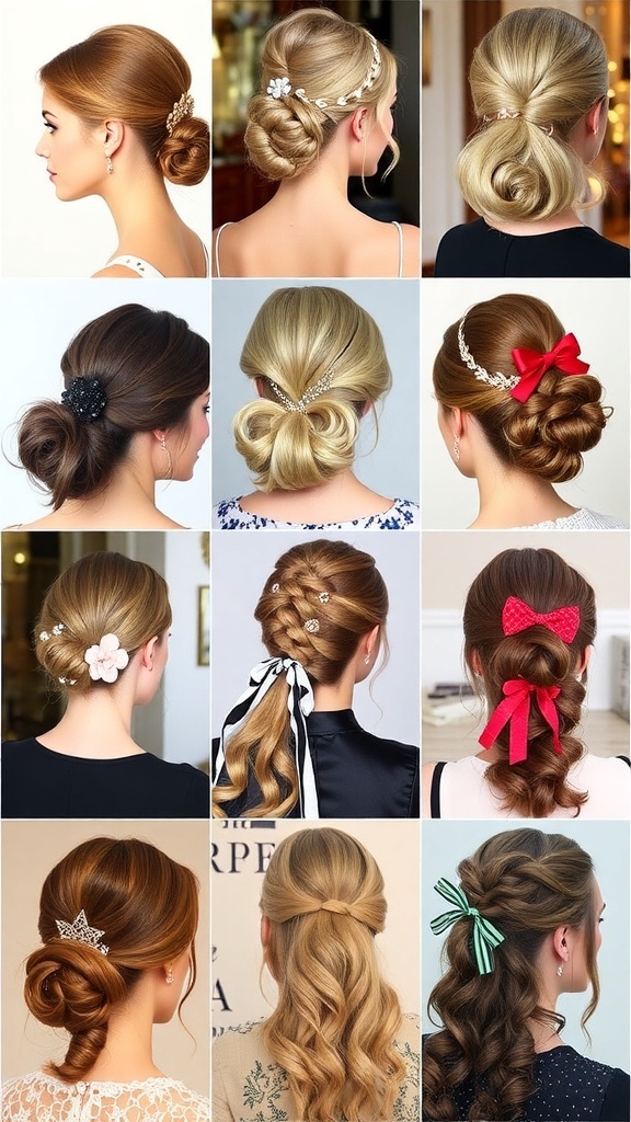 28 Easy Christmas Hairstyles for a Festive Look A collection of Christmas hairstyles including updos, braids, and festive accessories.